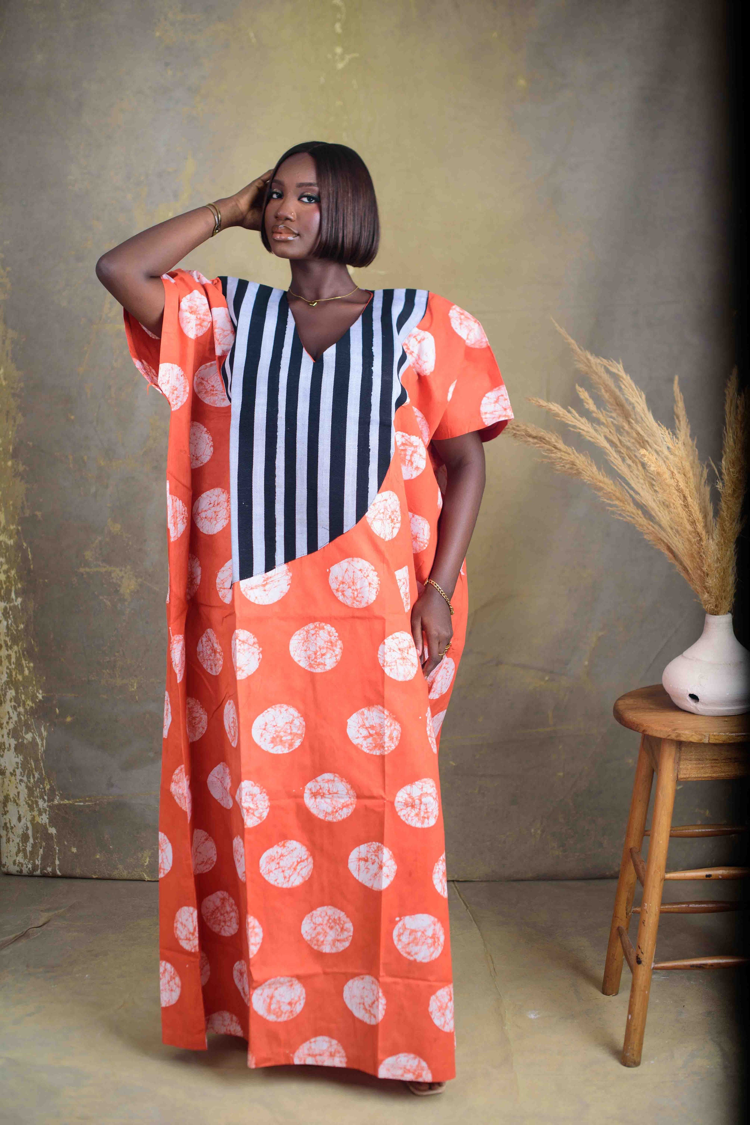 Orange Polka Dot & Asooke Fusion Dress
