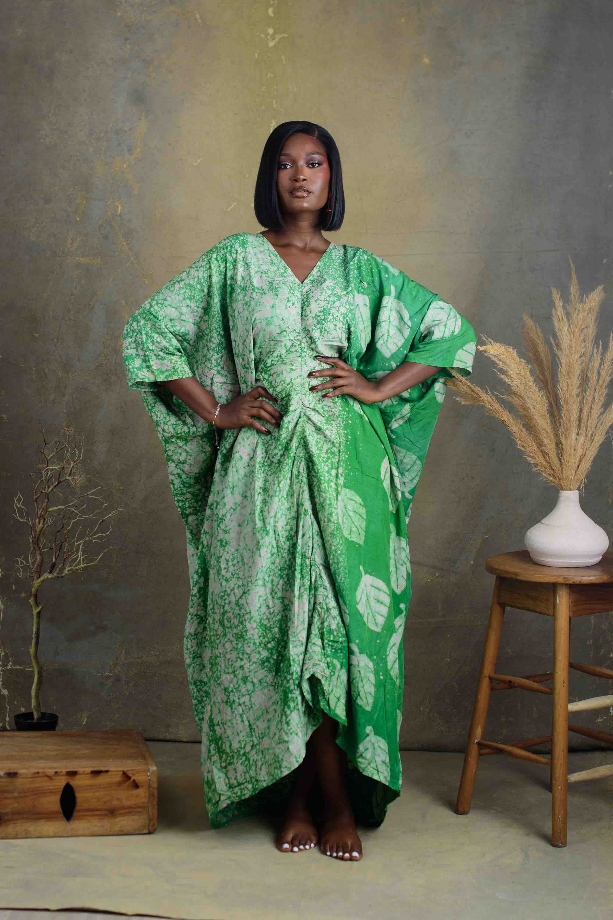 Green Leafy Print Drawstring Dress