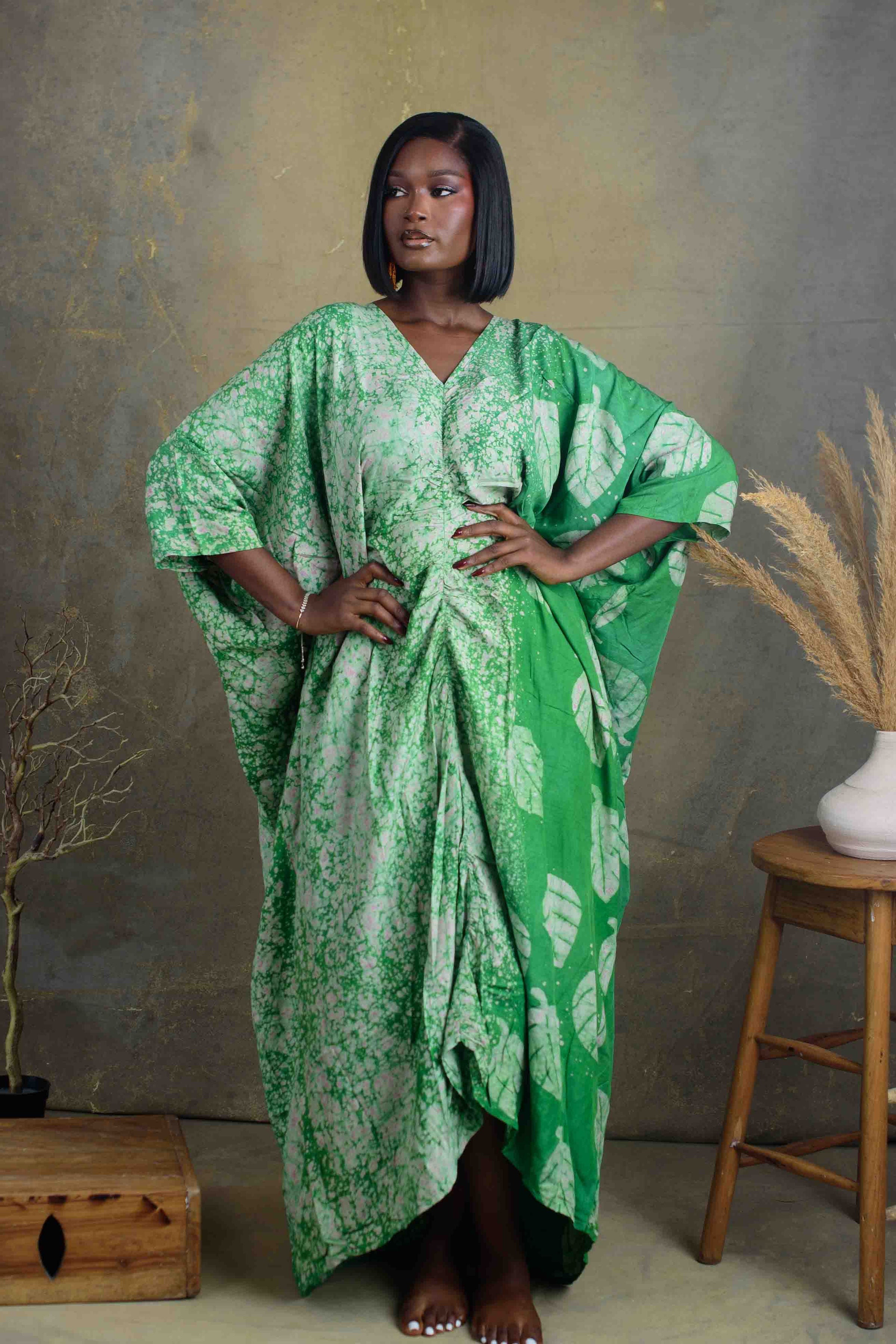 Green Leafy Print Drawstring Dress