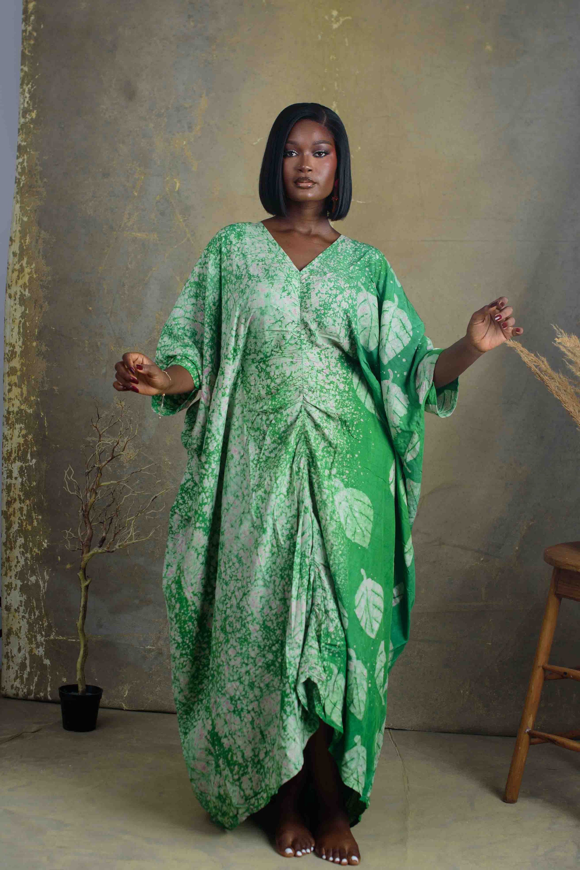Green Leafy Print Drawstring Dress