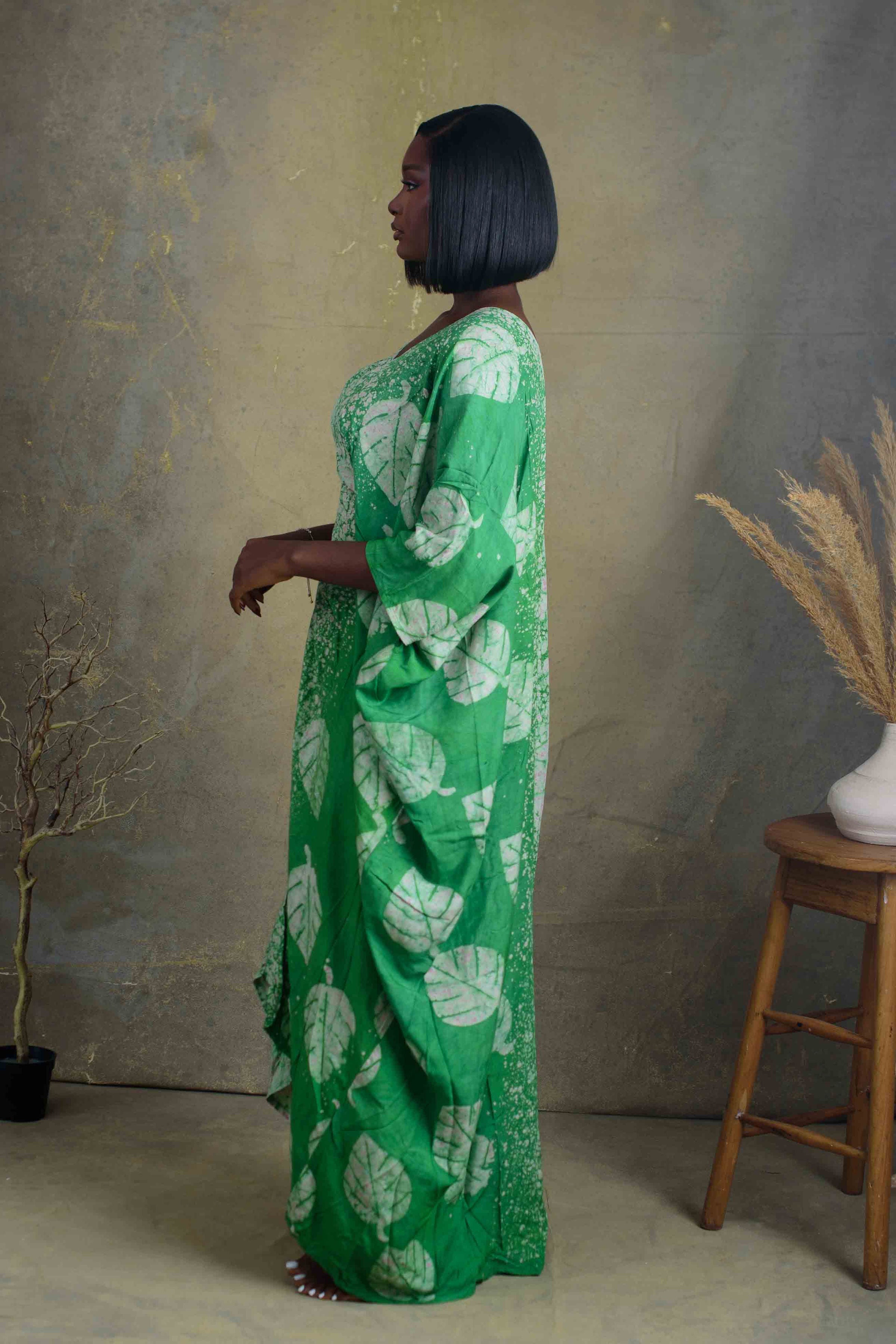 Green Leafy Print Drawstring Dress