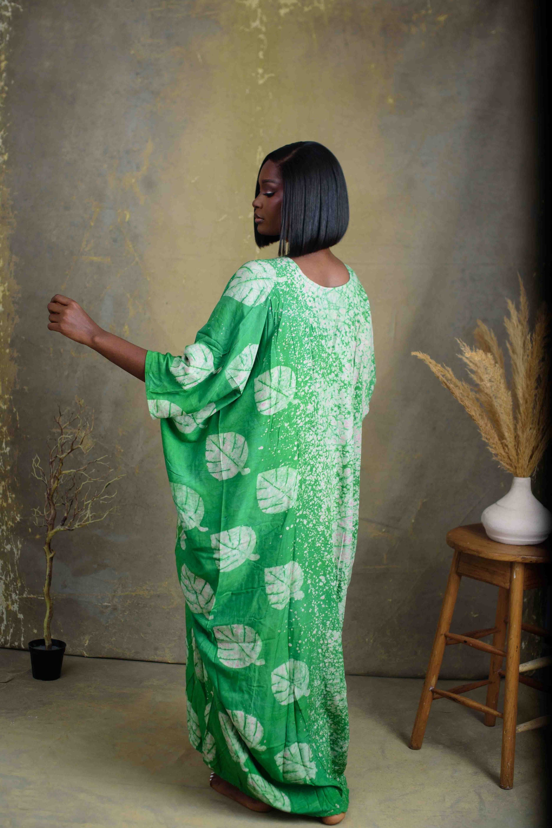 Green Leafy Print Drawstring Dress